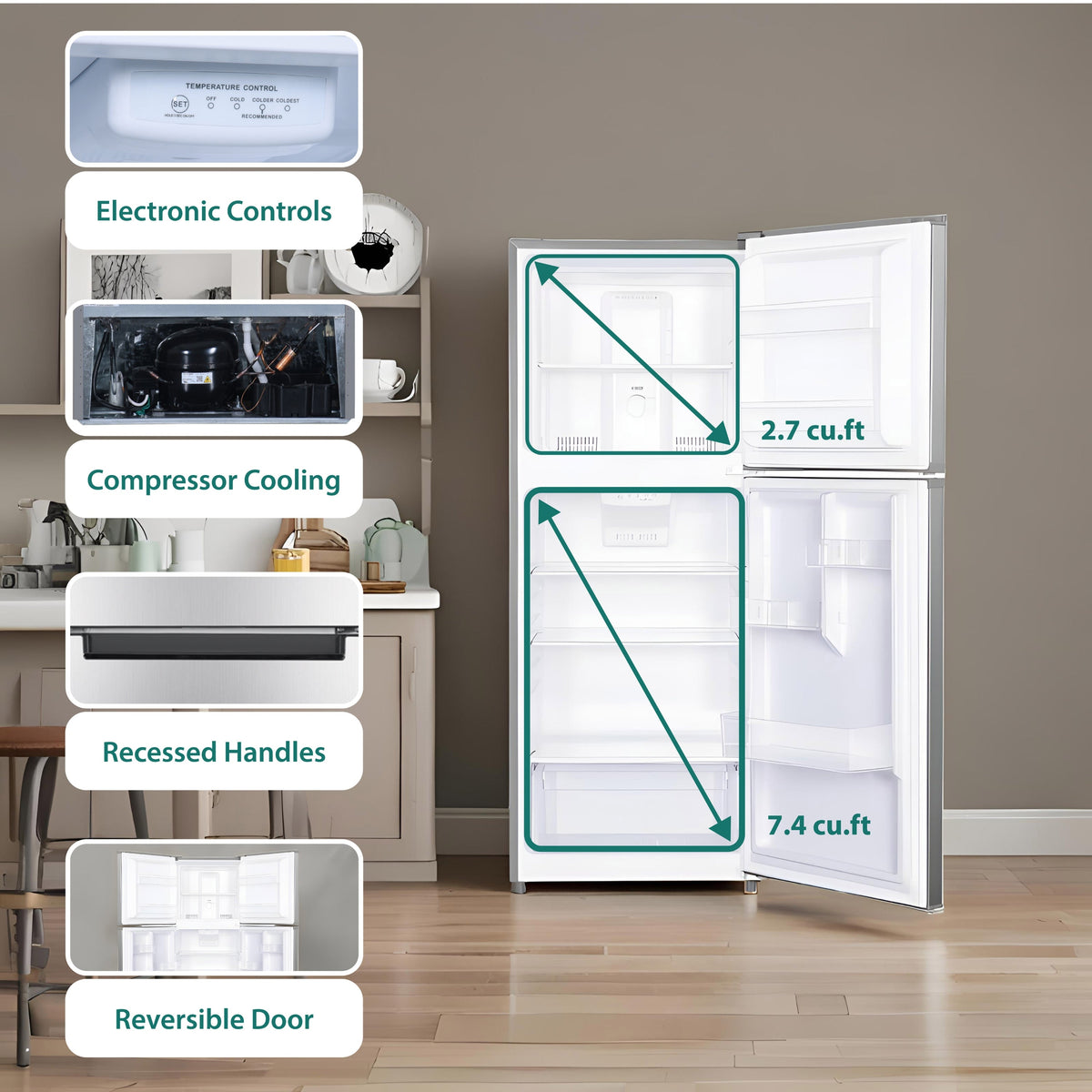 Refrigerador Conserv de 10 pies cúbicos, congelador superior, 24 pulgadas, sin escarcha, Energy Star, silencioso 43dB, 110V, acero inoxidable