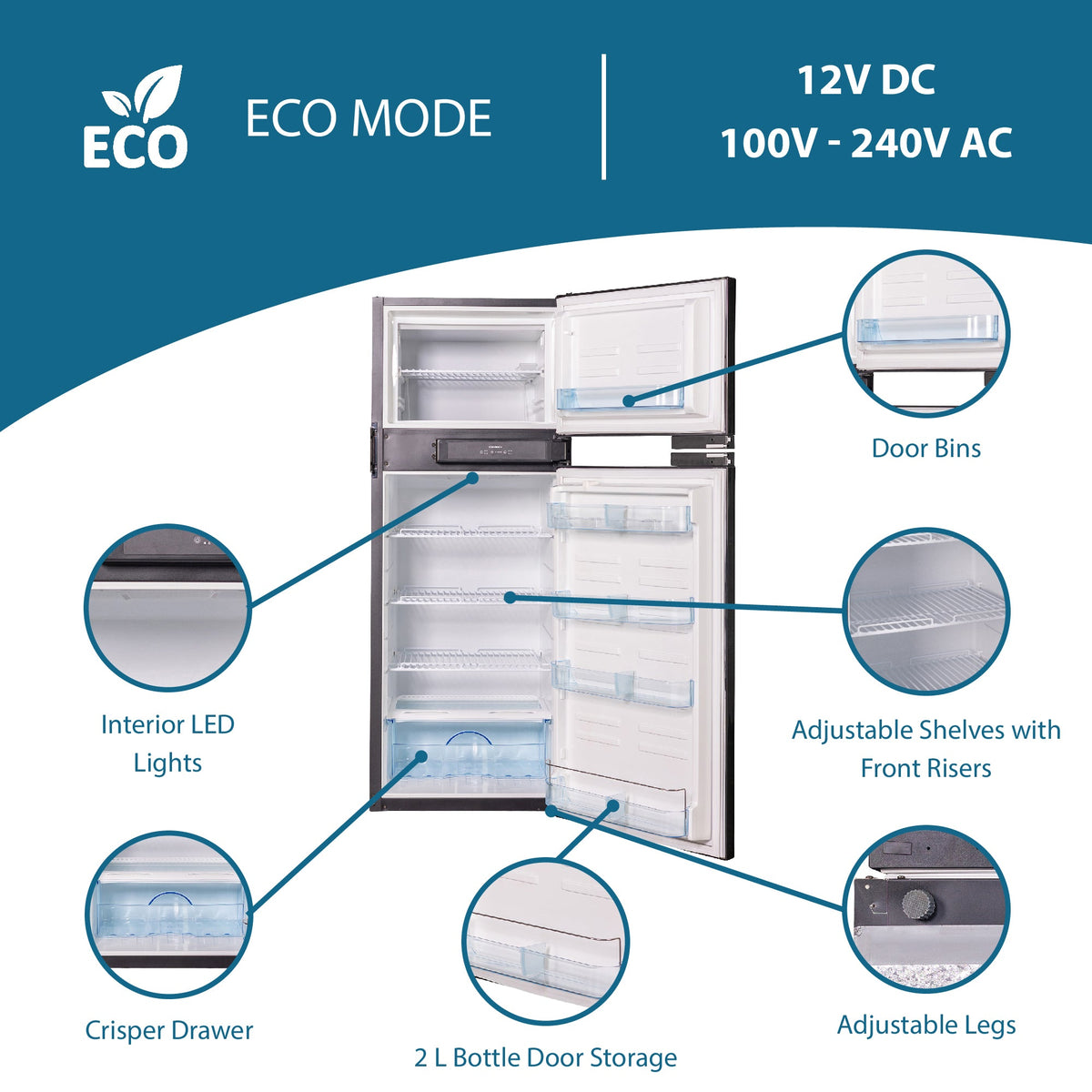 Refrigerador Congelador Conserv 12V/CC de 10 pies cúbicos, acero inoxidable, para RV, BARCO, FUERA DE LA RED, 2 puertas