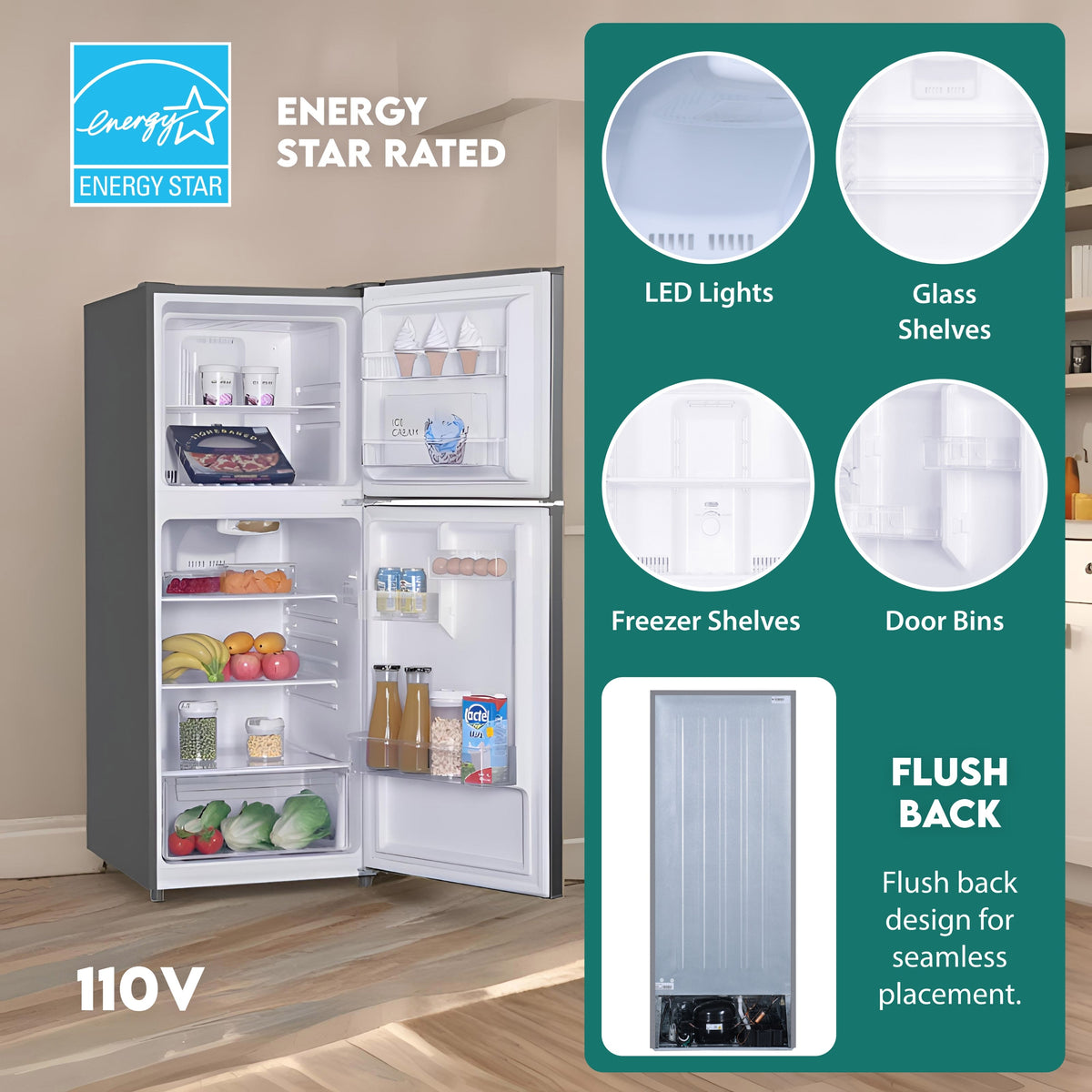 Refrigerador Conserv de 10 pies cúbicos, congelador superior, 24 pulgadas, sin escarcha, Energy Star, silencioso 43dB, 110V, acero inoxidable