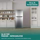 Refrigerador Conserv de 10 pies cúbicos, congelador superior, 24 pulgadas, sin escarcha, Energy Star, silencioso 43dB, 110V, acero inoxidable