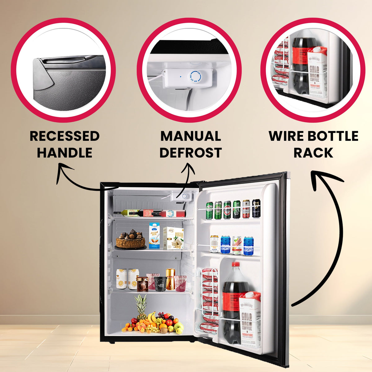 Refrigerador para interiores/exteriores de 2.3 pies cúbicos, clasificación IPX4, acero inoxidable, empotrable/independiente, capacidad para 85 latas, silencioso (42 dB)