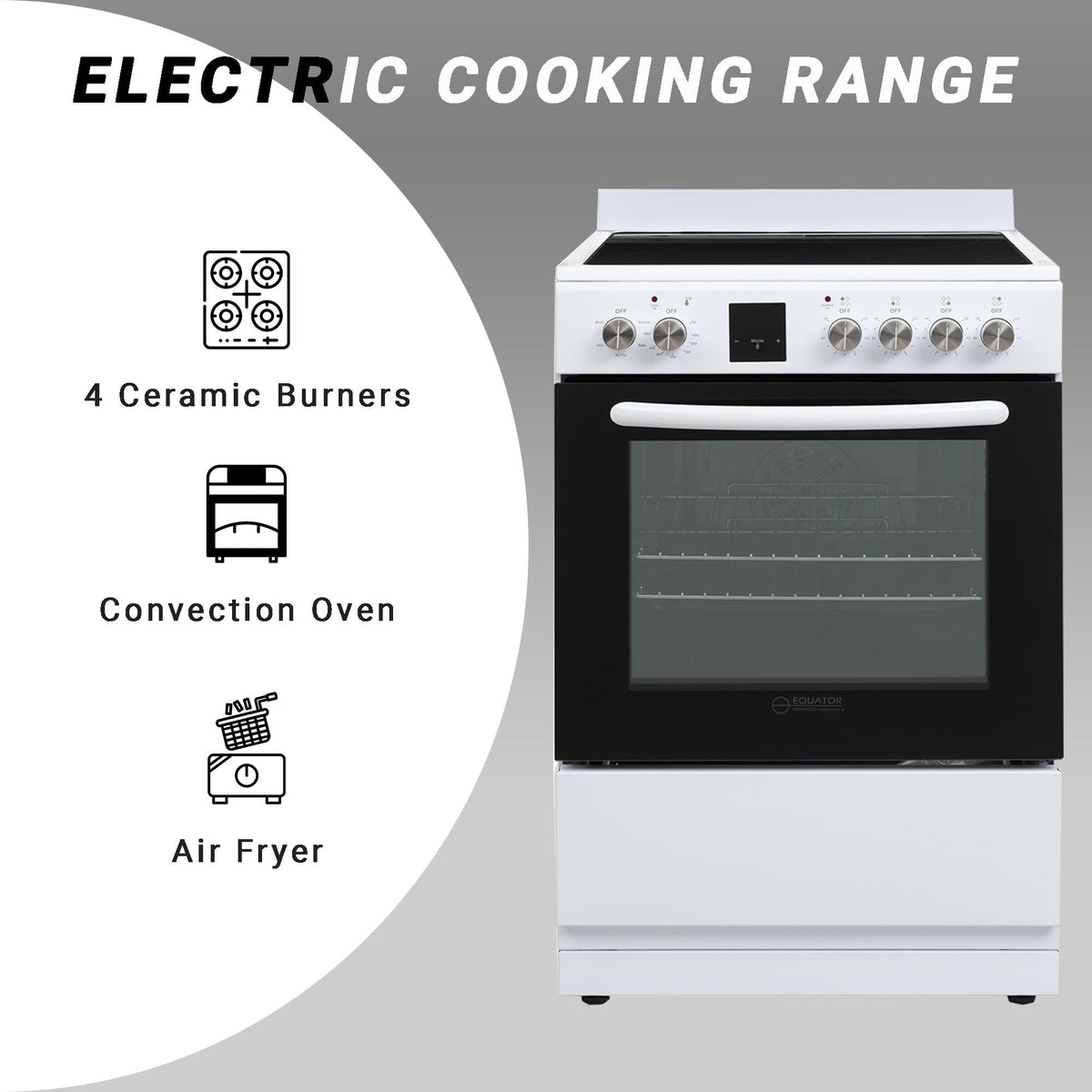 Equator 24 inch Electric Cooking Range 4 Ceramic Burner CONVECTION OVEN+AIR FRYER White