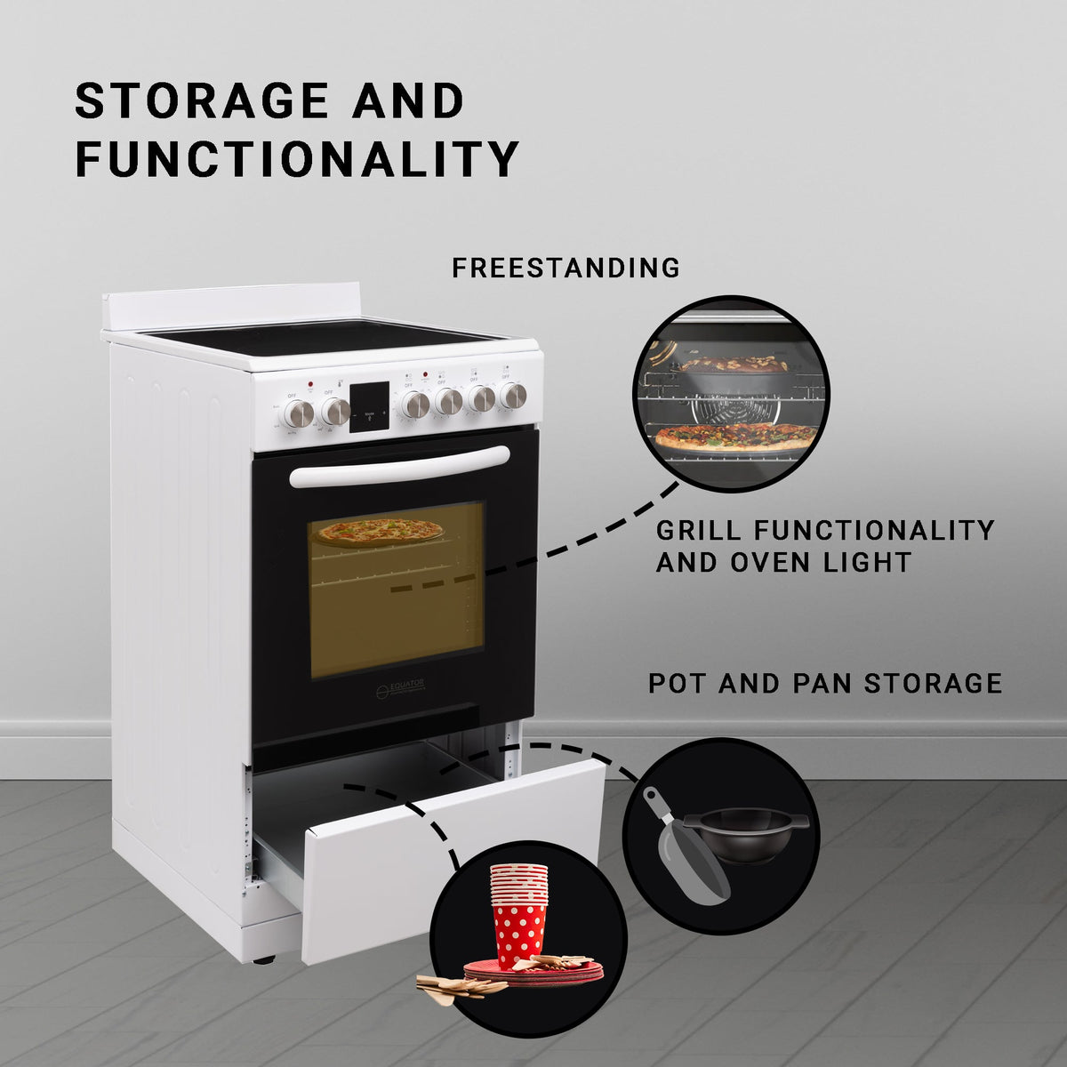 Equator 24 inch Electric Cooking Range 4 Ceramic Burner CONVECTION OVEN+AIR FRYER White