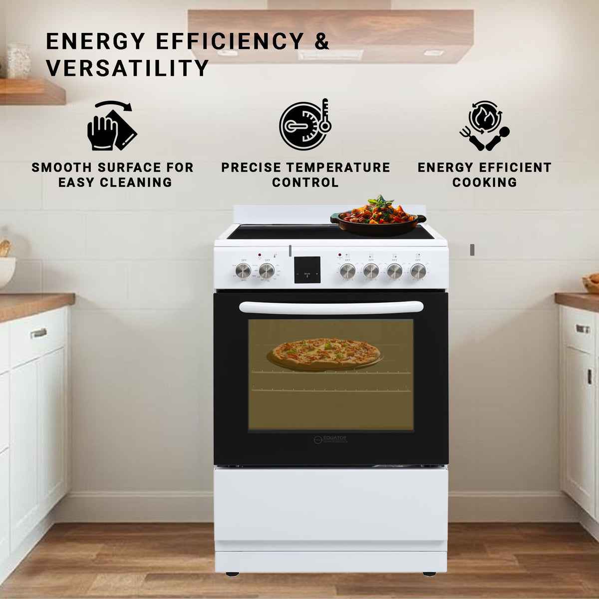 Equator 24 inch Electric Cooking Range 4 Ceramic Burner CONVECTION OVEN+AIR FRYER White
