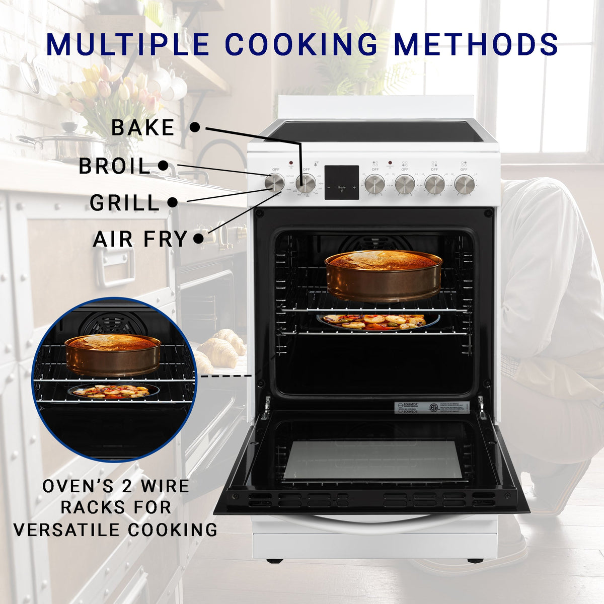 Equator 24 inch Electric Cooking Range 4 Ceramic Burner CONVECTION OVEN+AIR FRYER White