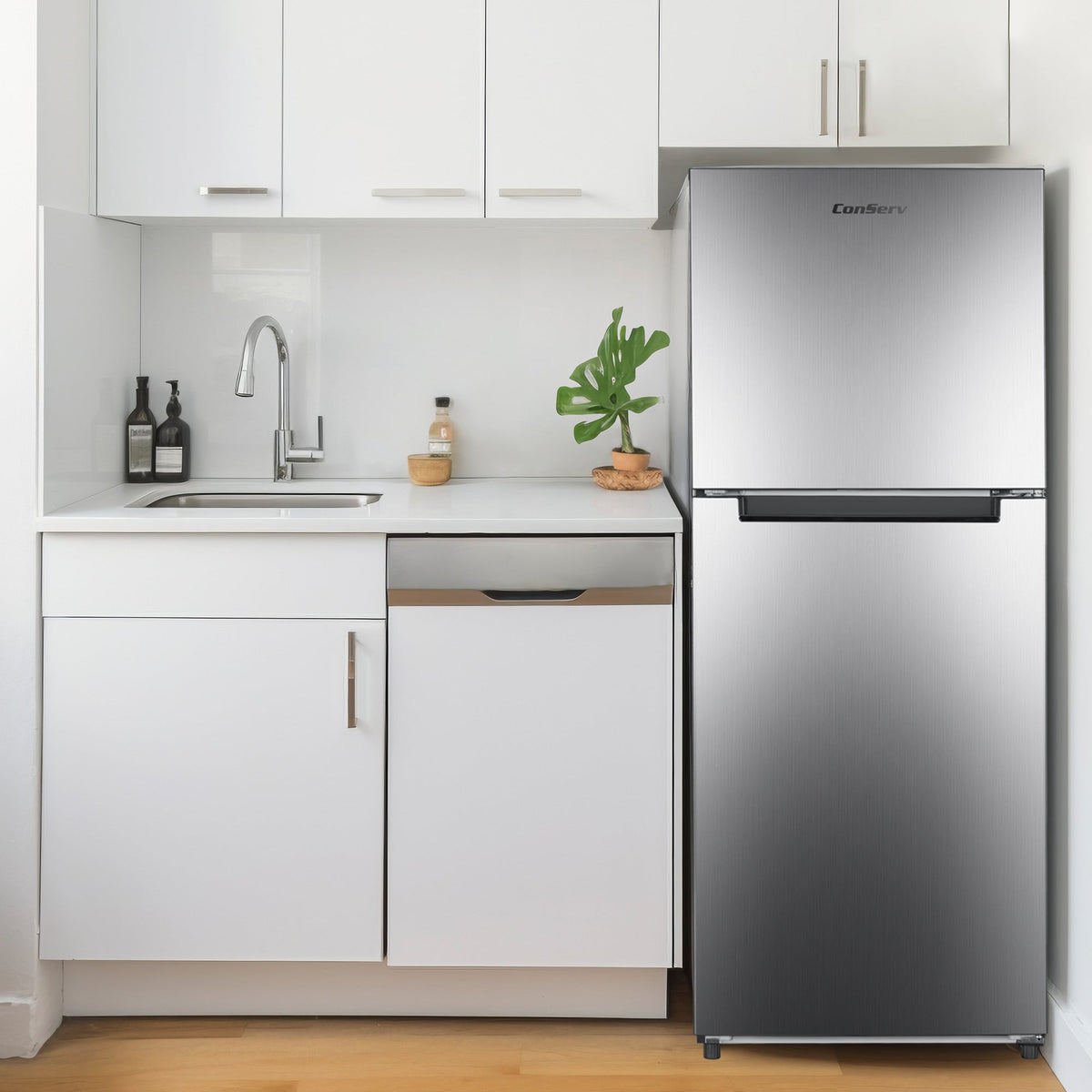 Refrigerador Conserv de 10 pies cúbicos, congelador superior, 24 pulgadas, sin escarcha, Energy Star, silencioso 43dB, 110V, acero inoxidable