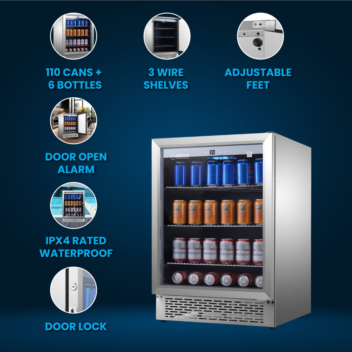 Refrigerador para interiores/exteriores de 4.6 pies cúbicos, IPX4, acero inoxidable, empotrable/independiente, capacidad para 110 latas y 6 botellas