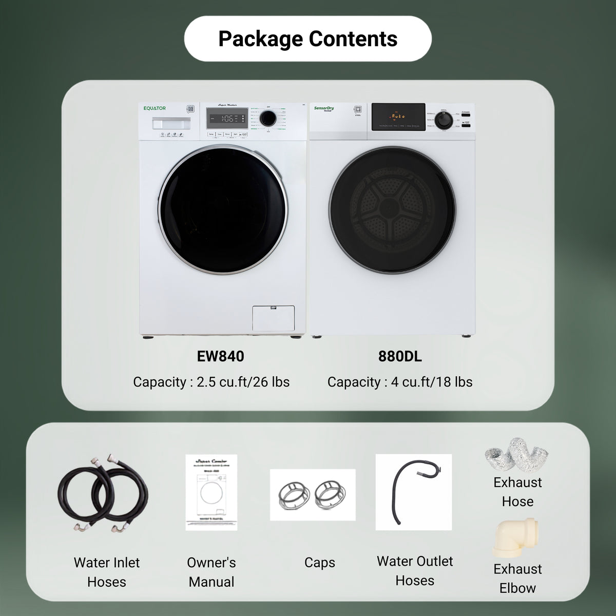 Equator VALUE STACK LAUNDRY 220V 26 Lbs Washer 2.5cf+Vented Dryer 4cf 1 OUTLET