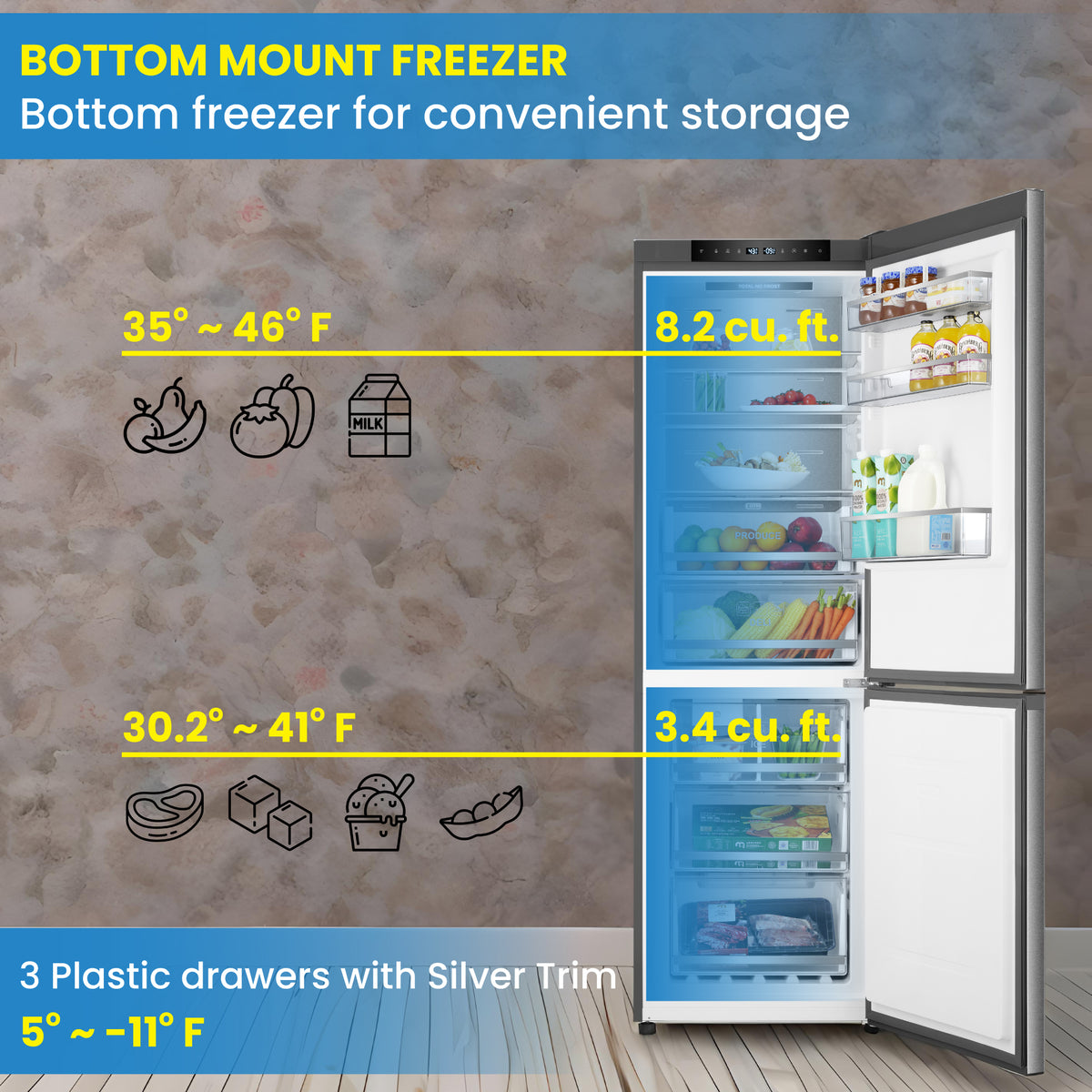Bottom Mount Refrigerator-Freezer FACTORY INSTALLED ICE MAKER Frost Free Reversible 110V - EStar