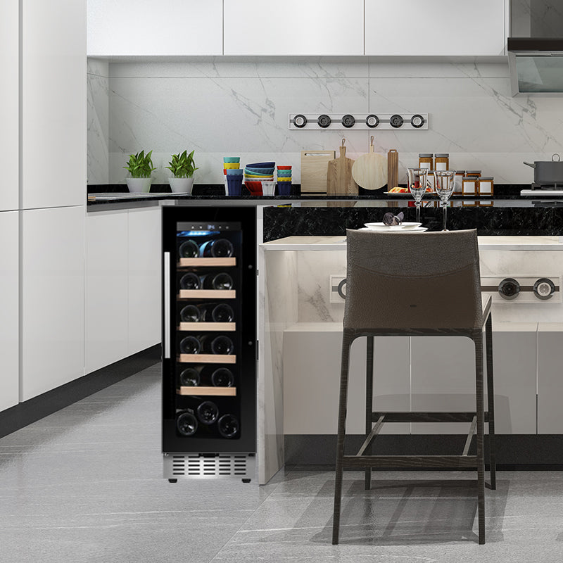 Refrigerador de vinos Equator para 18 botellas, negro, independiente/integrable, LED de 7 colores