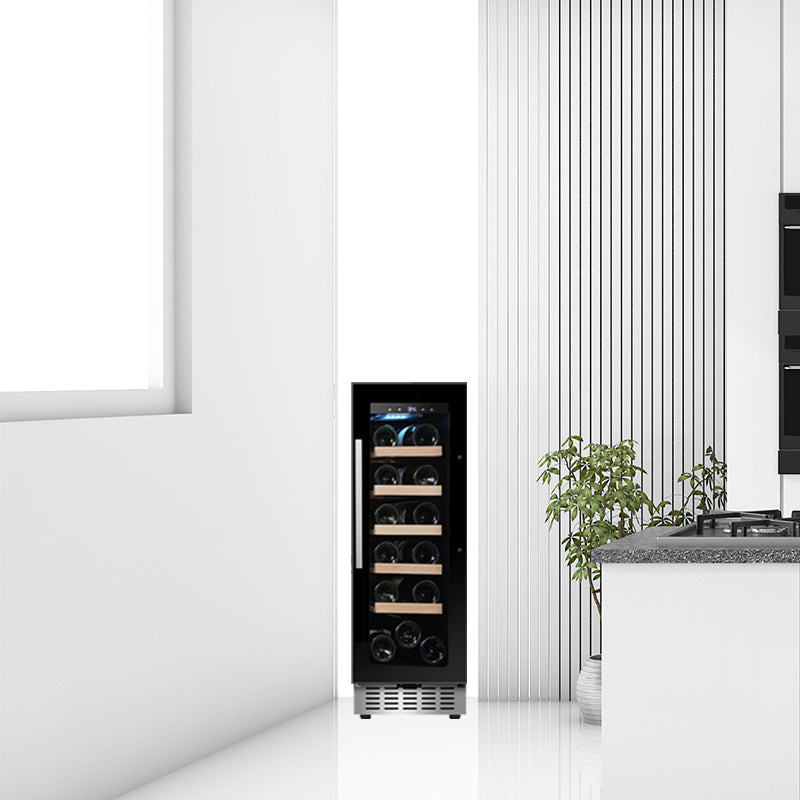 Refrigerador de vinos Equator para 18 botellas, negro, independiente/integrable, LED de 7 colores