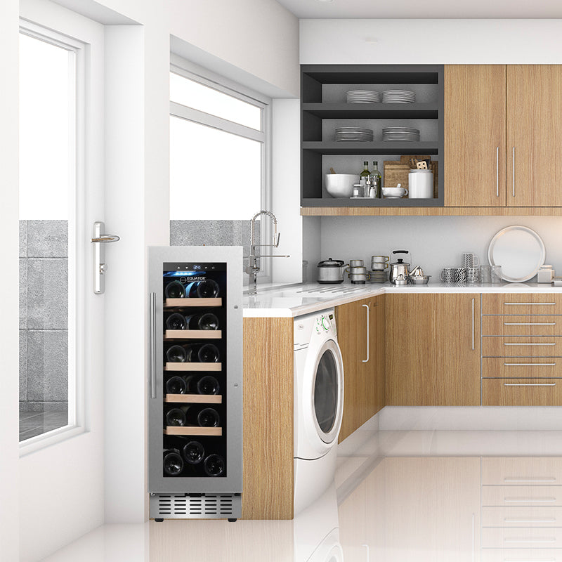 Refrigerador de vinos Equator para 18 botellas, negro, independiente/integrable, LED de 7 colores