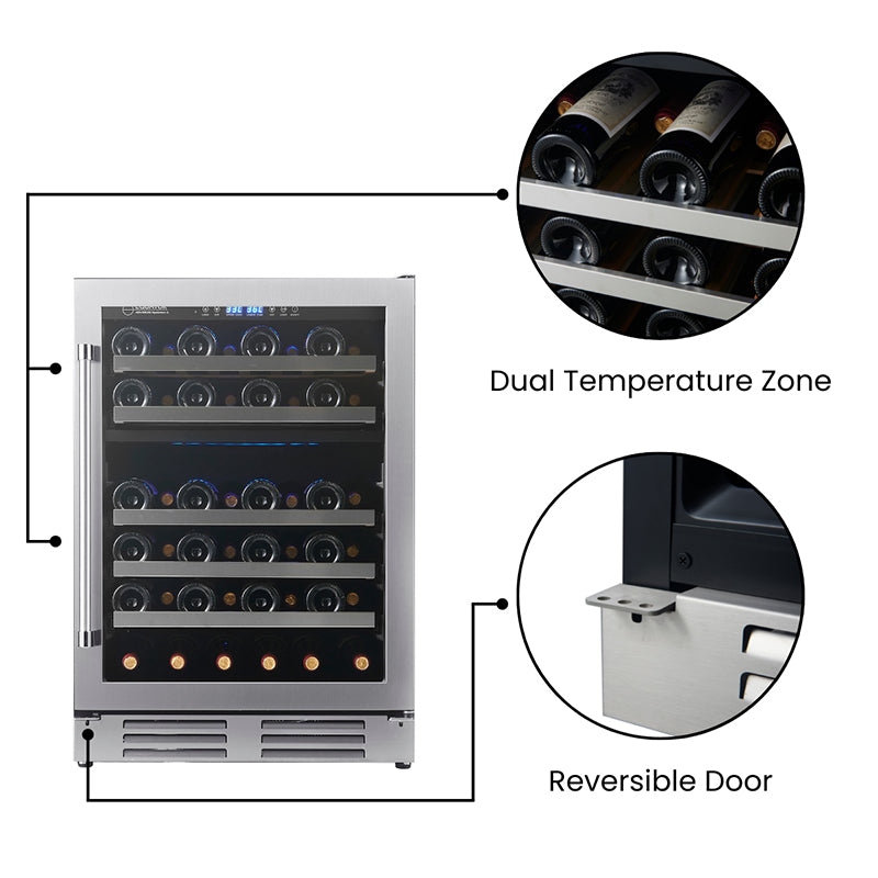 Enfriador de vino Equator de doble zona para 52 botellas, independiente/integrable, acero inoxidable, 110V