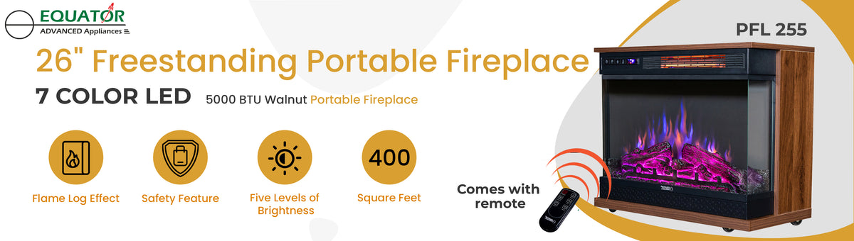 Chimenea portátil independiente Equator de 26 pulgadas, solo calor o LED de 7 colores, control remoto, 110V