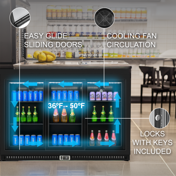 Equator-Vitlife Back Bar Cooler with 3 Sliding Glass Doors 11.6 Cu Ft 53 Wide